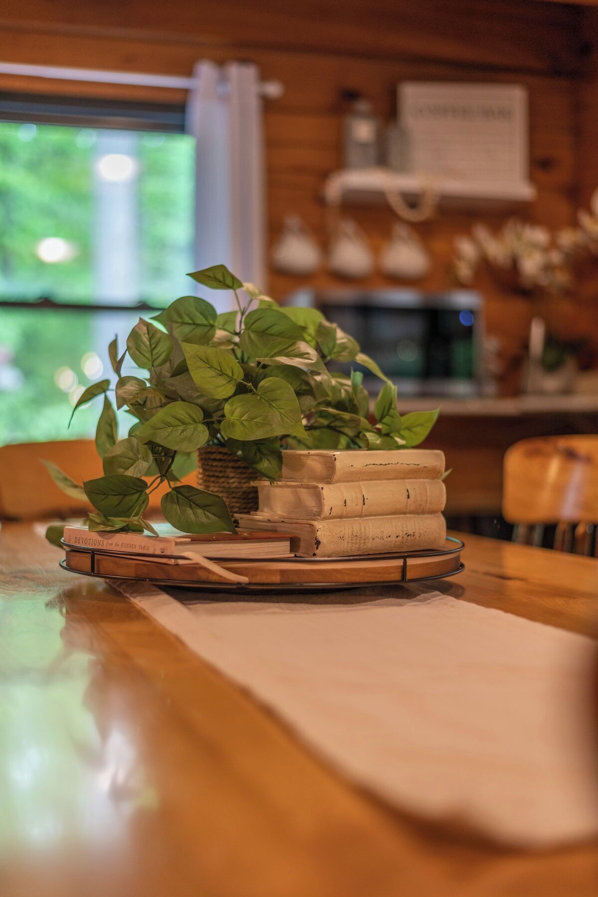 Un tavolo in legno con una pianta e libri, una finestra con piante fuori e un cartello appeso al muro.
