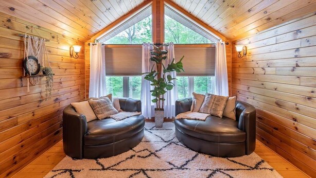 Interior d'una cabana de fusta amb dos sofàs de cuir, una finestra gran i una planta en test.