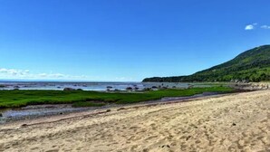 A beach with a sandy shore, a grassy area, and a hill with greenery. - Hôtel à la maison - La Maison Elsa, fleuve et ski (Petite-Rivière-Saint-François)