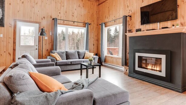 A cozy living room with a fireplace, grey sofas, and large windows offering a view of the forest.