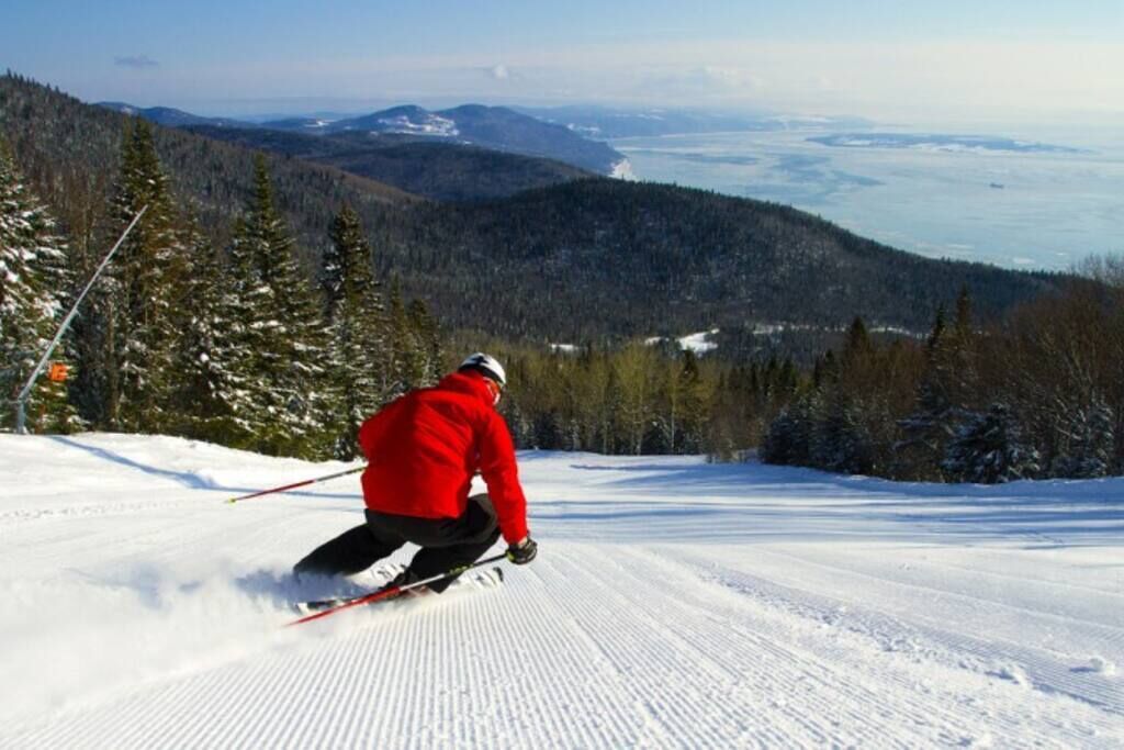 A skier on a snowy slope with a view of a forested mountain range and a body of water in the distance.