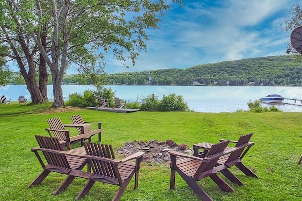 Outdoor fireplace, lake and mountain views