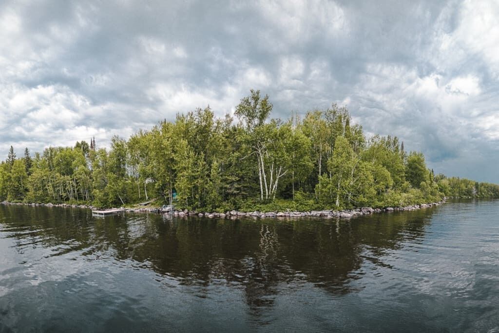 A calm lake surrounded by dense forest.