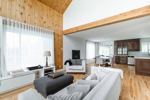 Télévision, cheminée, lecteur de DVD, baby-foot