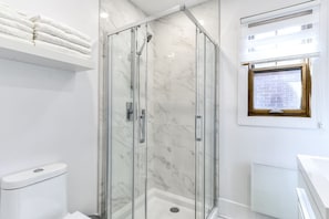 Shower, hair dryer, towels