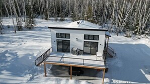 A modern two-story house with a balcony, surrounded by a snowy forest. - Hôtel à la maison - Le Quintessence, spa et vue (Saint-Irénée)
