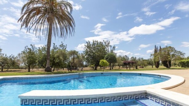 A swimming pool with a geometric tile border, surrounded by trees and a clear sky. - Gabriel by Interhome (Sant Jordi)