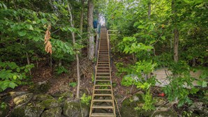 A wooden staircase in a forested area with rocks at the base and a small structure in the background.