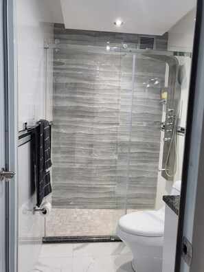 Douche, sèche-cheveux, serviettes fournies