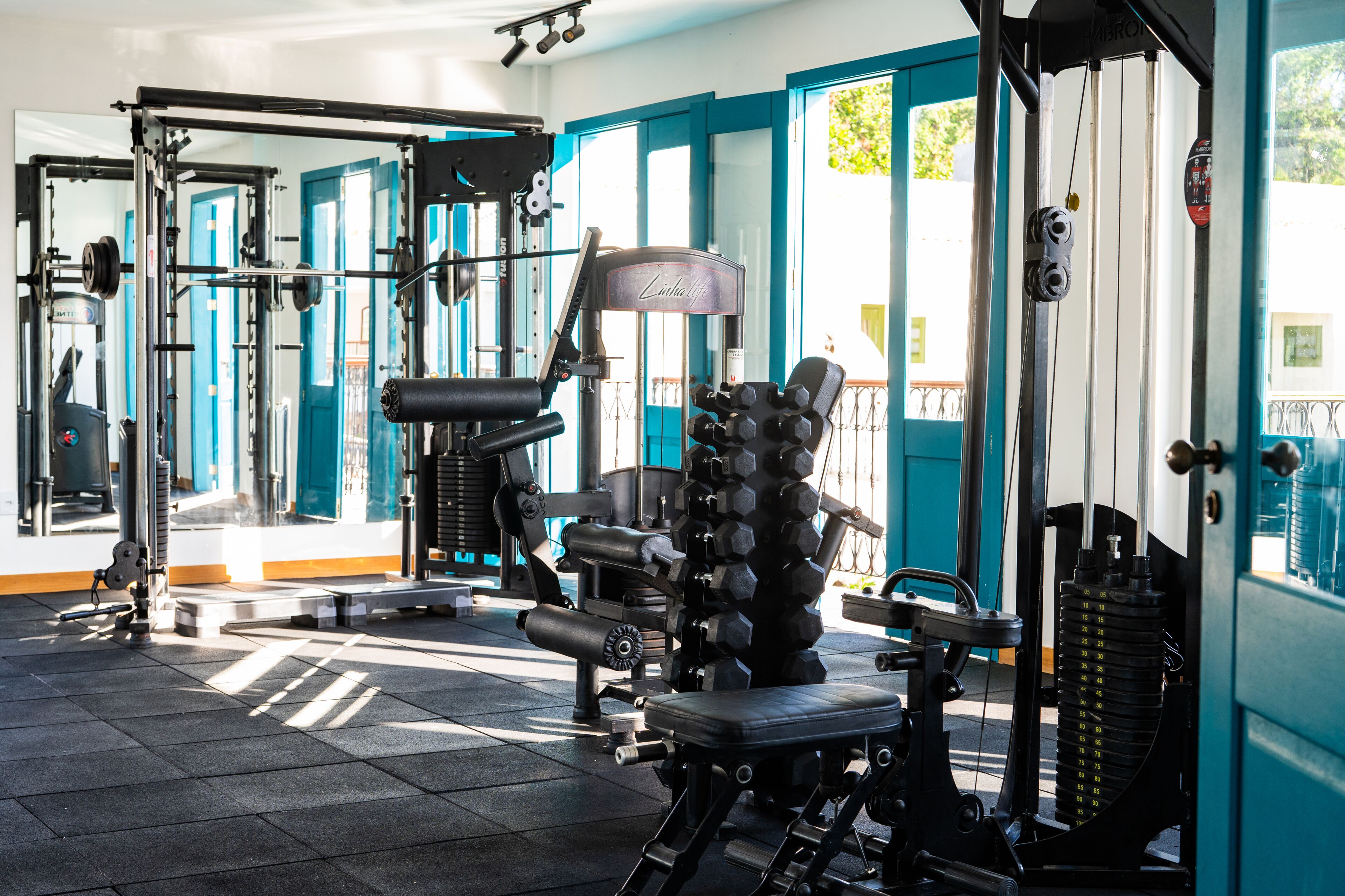 Uma academia com diversos equipamentos de exercícios, incluindo halteres e uma barra para agachamento.