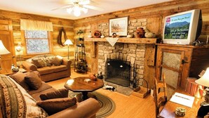 Una sala de estar acogedora con chimenea, paredes de madera, un televisor y un espacio de descanso confortable.