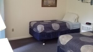 A room with two beds, a painting on the wall, a lamp, and a small table. - 2 Bedroom Railroad layout (Cooperstown)