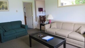 A living room with two sofas, a coffee table, and a lamp. - 1 bedroom Cottage with unobstructed views of Otsego Lake (Cooperstown)