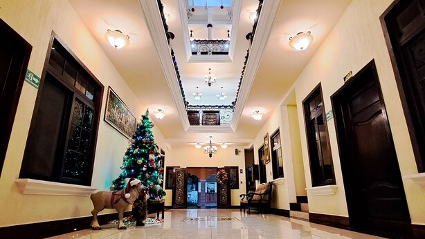 Un hall d’entrée spacieux, doté d’un sol en marbre poli, d’un sapin de Noël et d’un plafond haut orné d’éléments décoratifs.