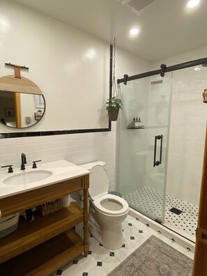 Shower, hair dryer, towels, soap