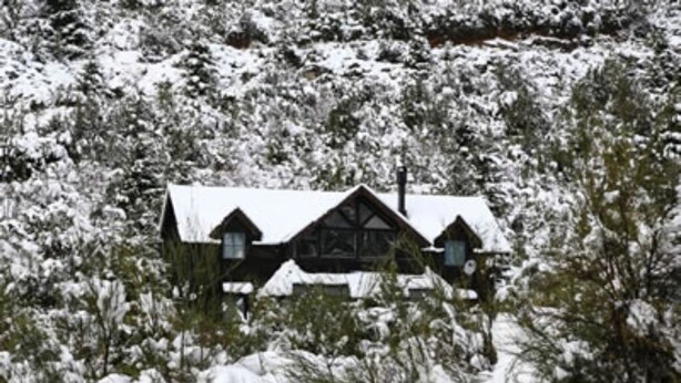 A cabin with a steep roof and multiple windows, surrounded by snow-covered trees.