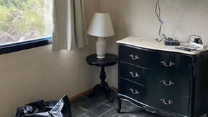 Et hotelværelse med en sort kommode, en lampe, et fjernsyn ophængt på væggen og et vindue med udsigt til grøn bevoksning.