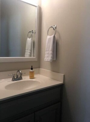 Bathroom features a sink, mirror, and towel rack.