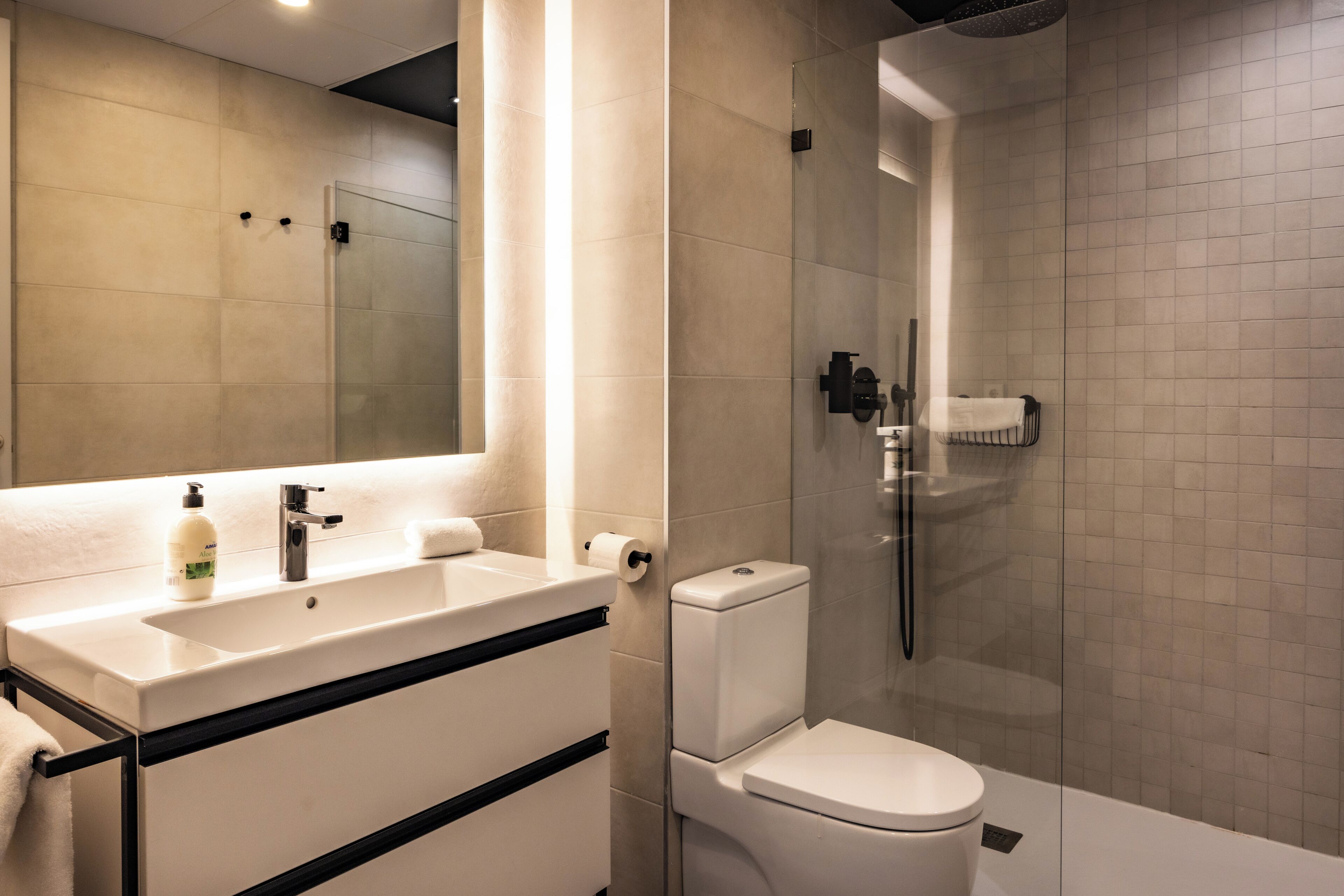 Shower, towels, toilet paper