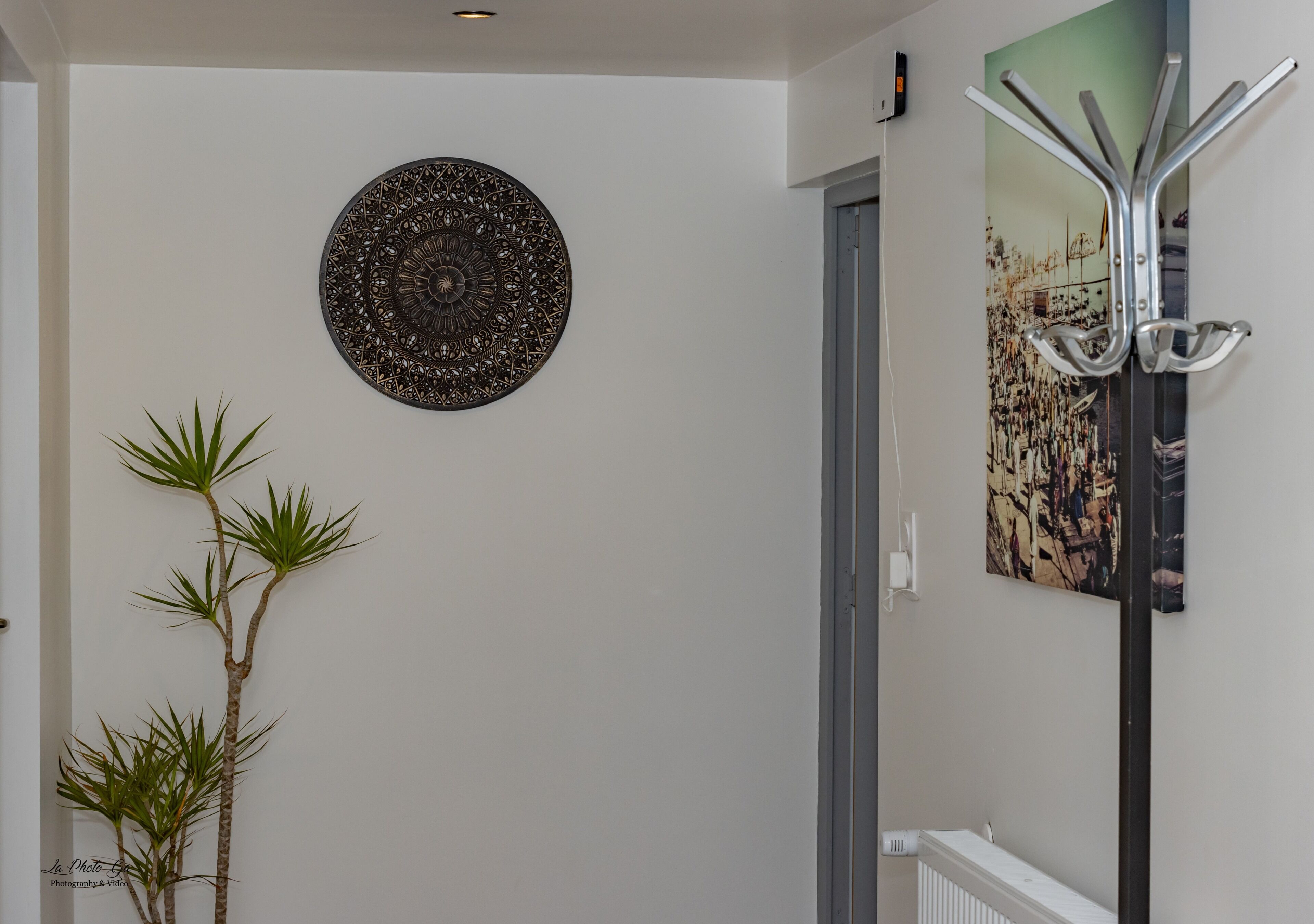 A hallway with a decorative wall piece, a coat rack, and a potted plant.
