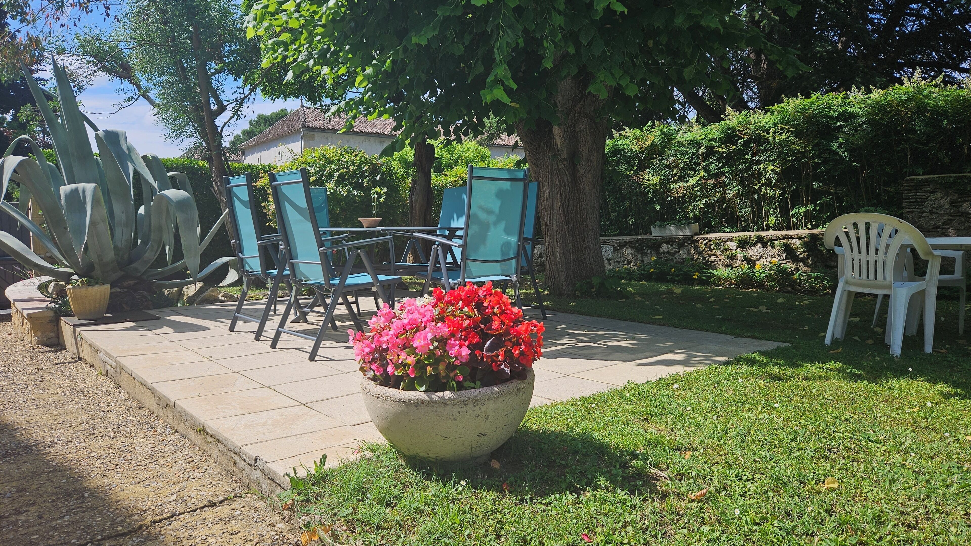 Un patio al aire libre con una mesa y sillas de concreto, rodeado de follaje y una maceta grande.