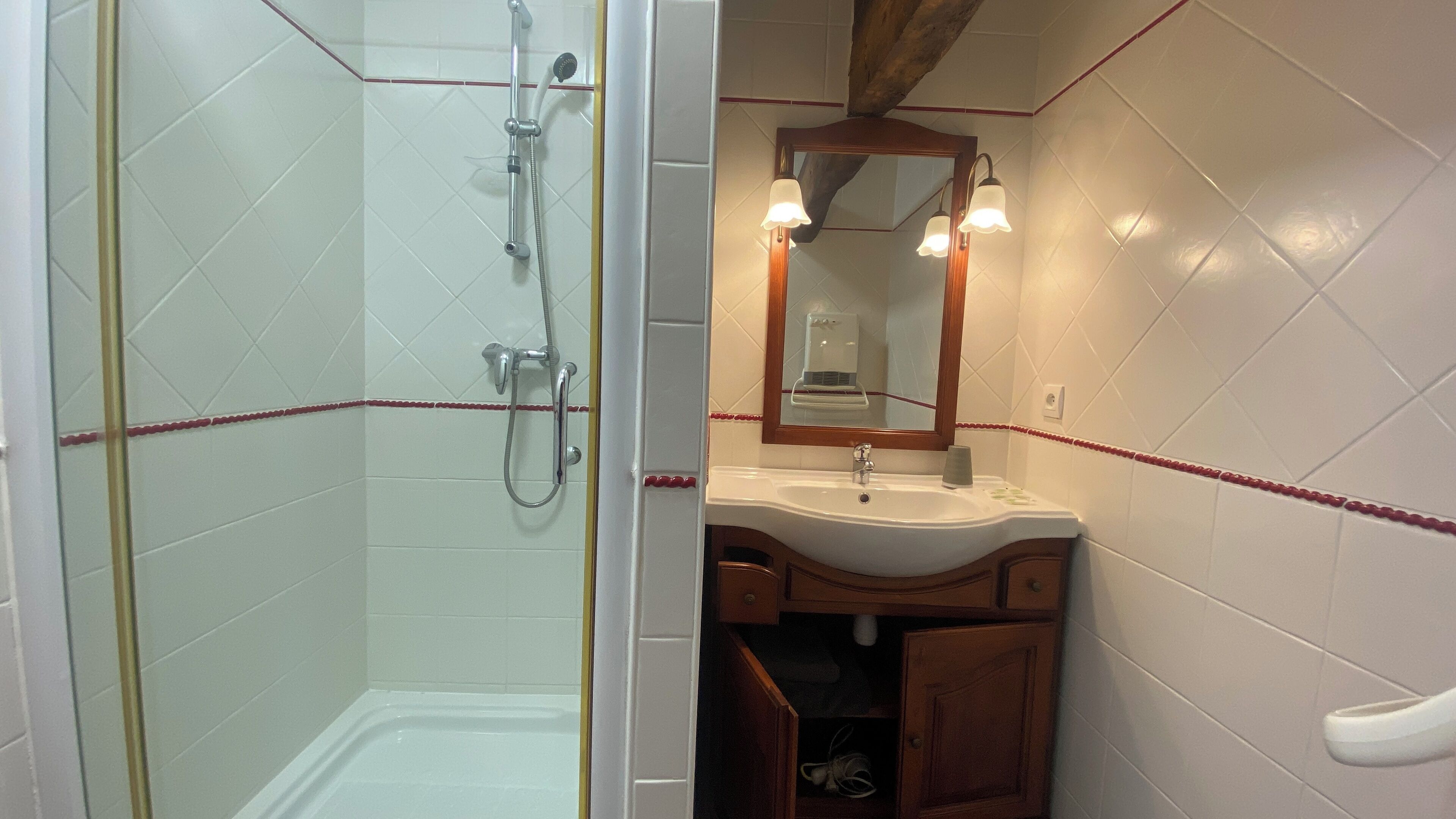 Une salle de bain avec une douche, un lavabo et un miroir.