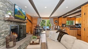 Smart TV, fireplace, books