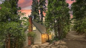 Une petite cabane au toit en pente, entourée de grands arbres et accessible par un sentier de terre.