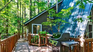 Eine Holzterrasse führt zu einer Hütte mit Grill, umgeben von Bäumen.