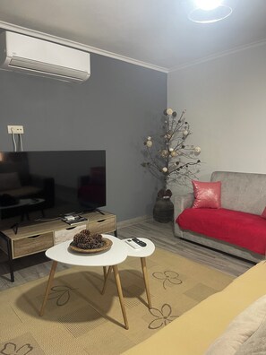 Smart TV, lareira, livros