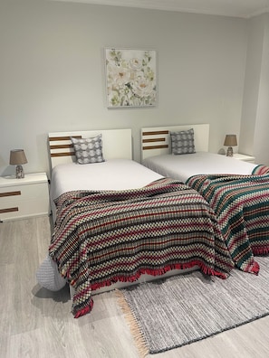 A double bed with a patterned blanket, a single bed with a pillow, a nightstand with a lamp, and a wall-mounted painting.
