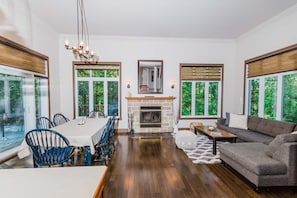 Smart TV, fireplace, video games, DVD player