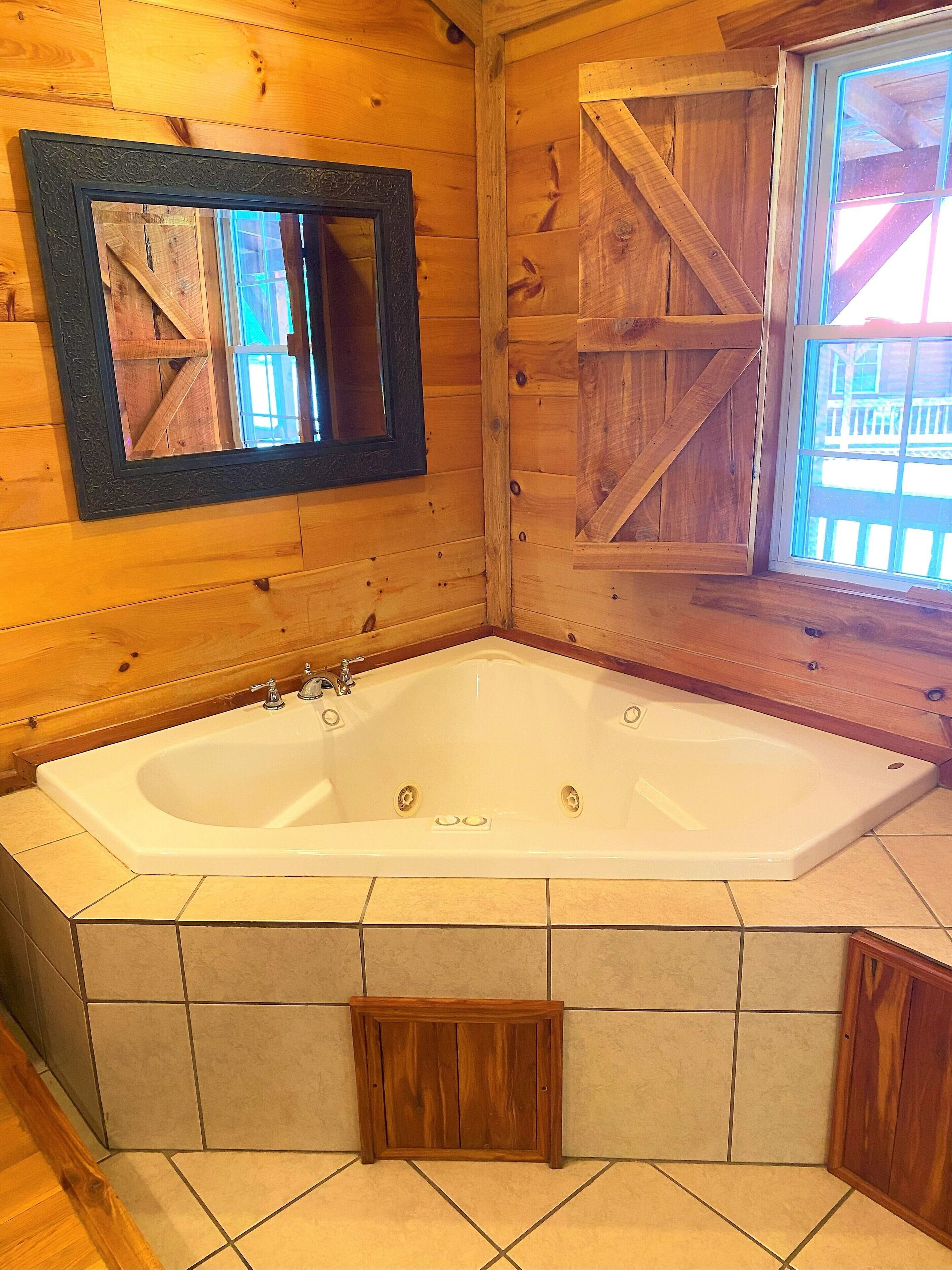 Shower, jetted bath, hair dryer, towels
