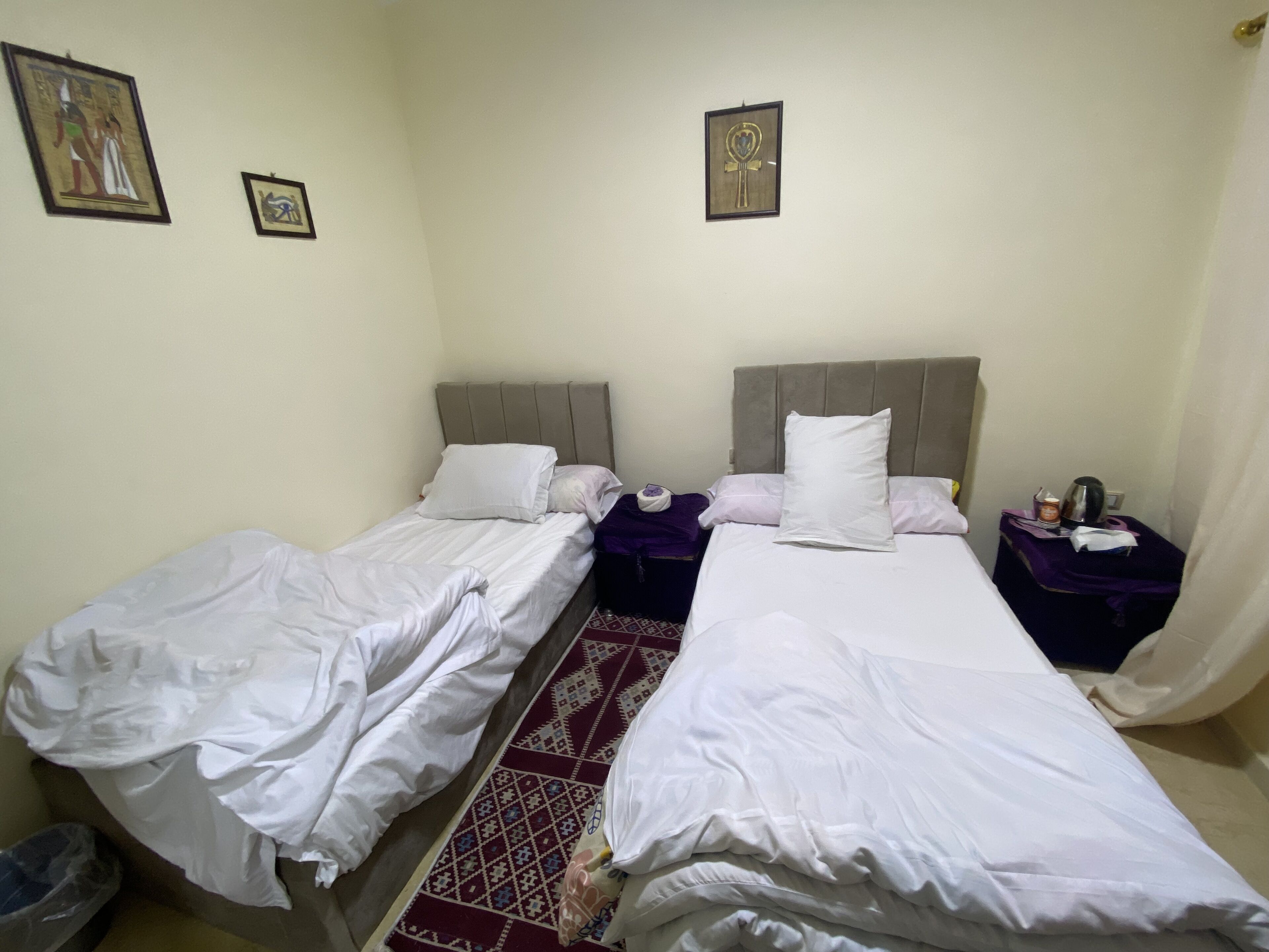 Habitació d'hotel amb dos llits individuals, un capçal, una taula petita amb una paperera i una catifa amb dibuixos.