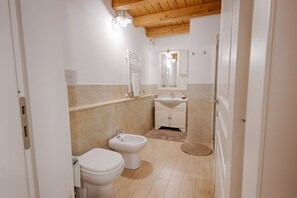 Een douche, een haardroger, een bidet, handdoeken