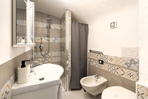 Een douche, een haardroger, een bidet, handdoeken