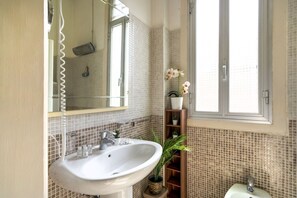 Shower, hair dryer, bidet, towels