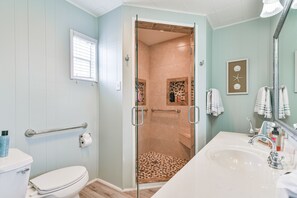 Shower, towels, soap, shampoo