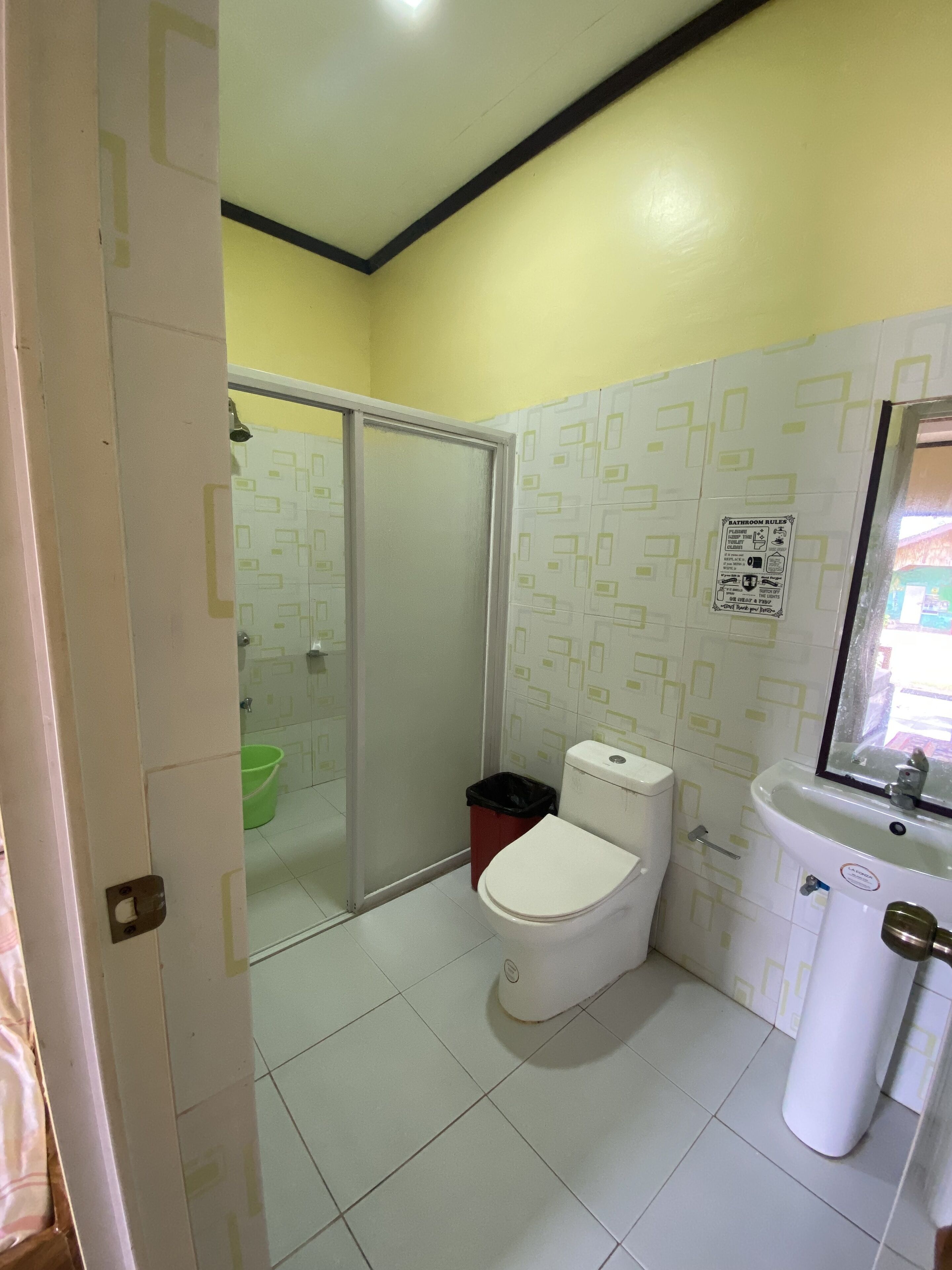 A bathroom with a toilet, a sink, and a shower area.