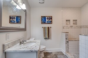 Hair dryer, towels, soap, toilet paper