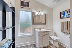 Hair dryer, towels, soap, toilet paper
