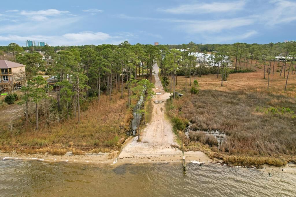 Una propiedad costera con un sendero de tierra que lleva a una playa, rodeada de densos pinos y algunos edificios al fondo.