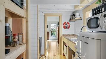 Fridge, microwave, coffee/tea maker, toaster