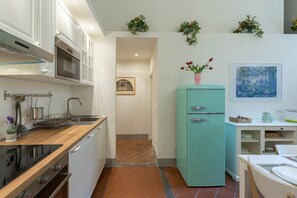 Apartamento básico, várias camas | Cozinha privada | Geladeira, micro-ondas, fogão, cooktop