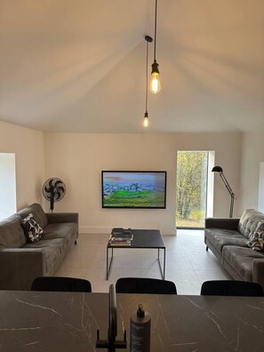 Un soggiorno moderno con un'ampia televisione a schermo piatto montata a parete, una ventola a soffitto e un tavolo con una bottiglia.