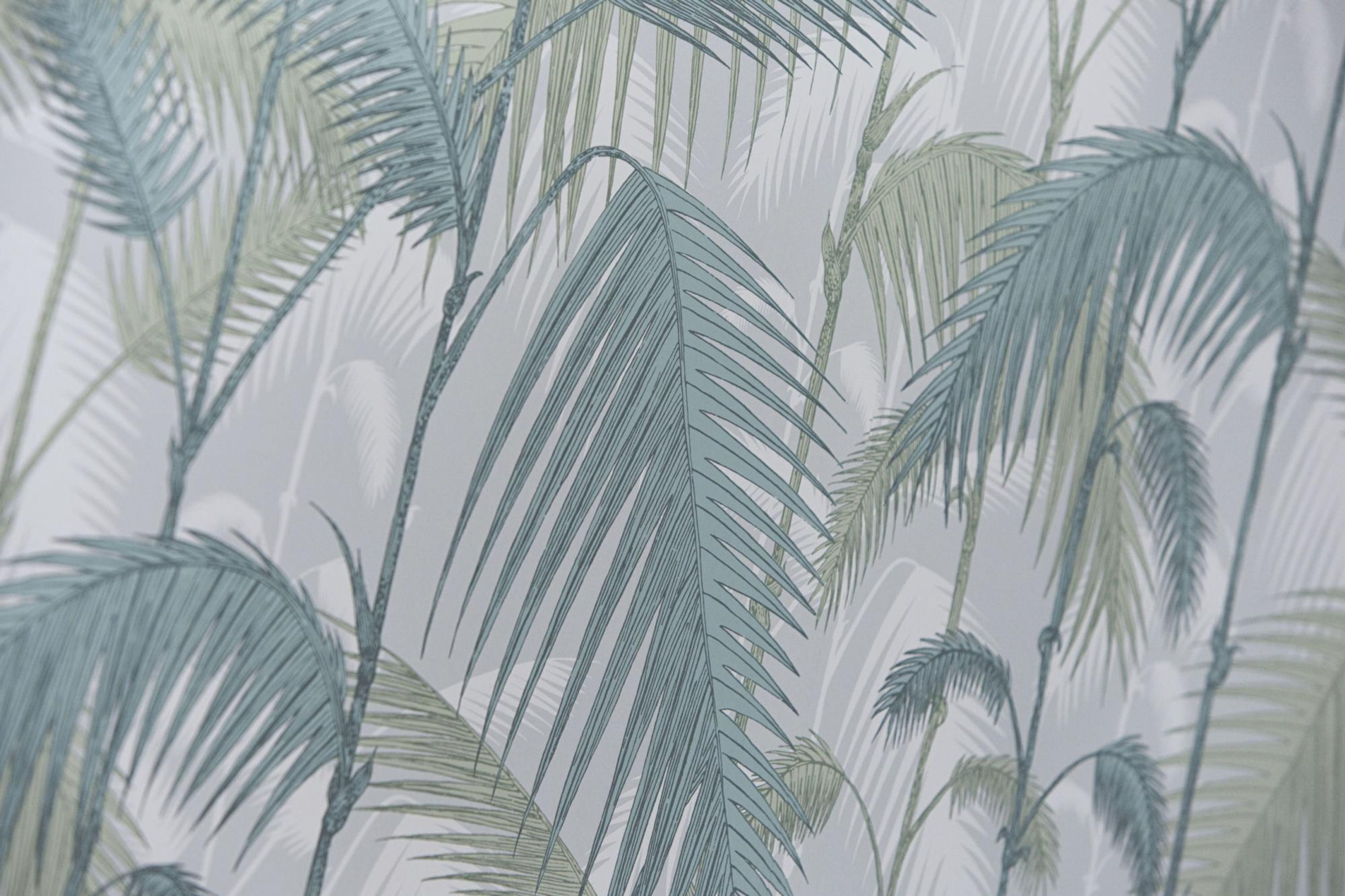 A close-up of palm leaves, likely part of a wallpaper or fabric design.
