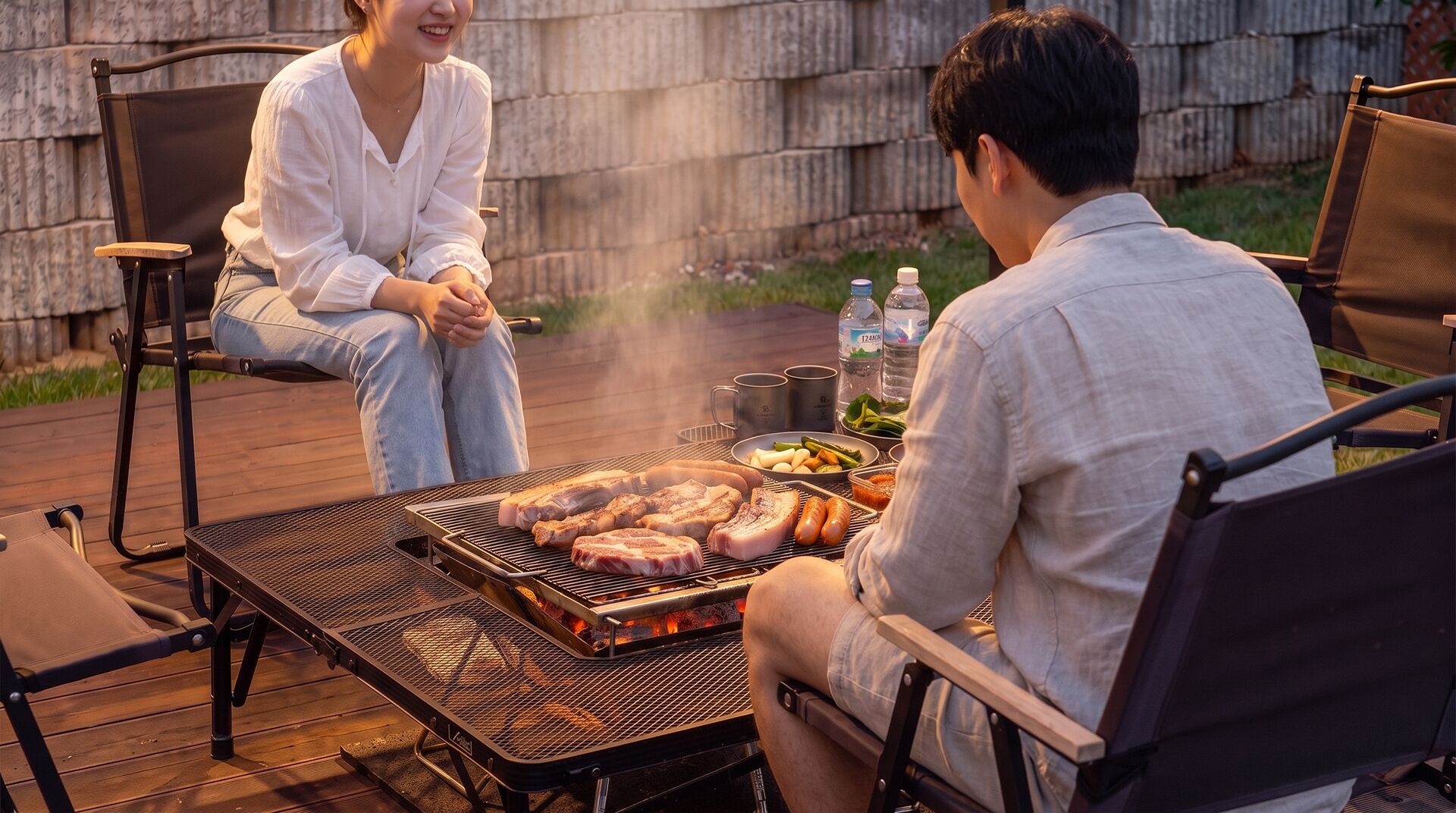 Un patio con una parrilla, sillas y una mesa con comida y bebidas.