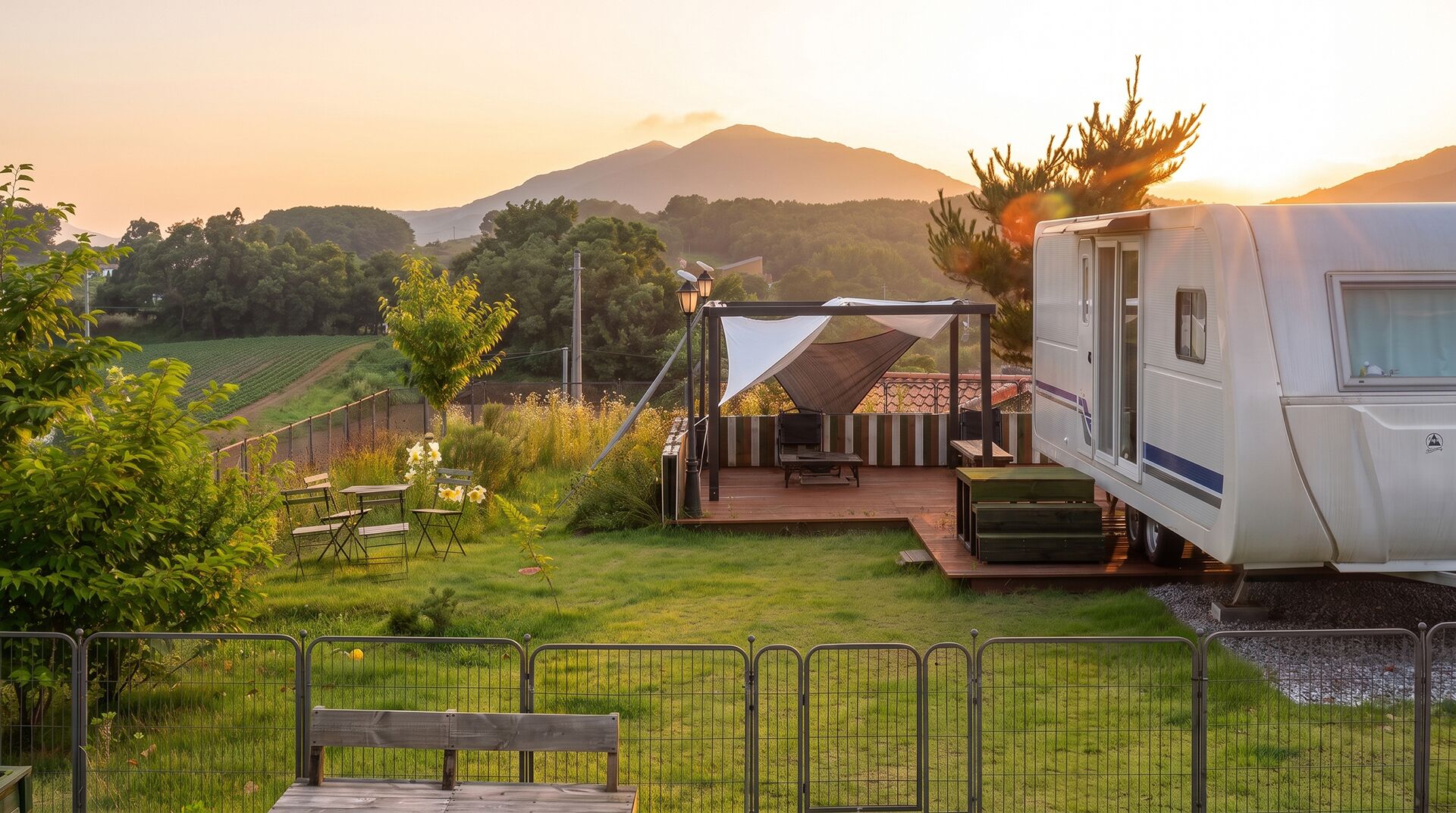 Un camping con zona de estar cubierta, una parrilla y una caravana.