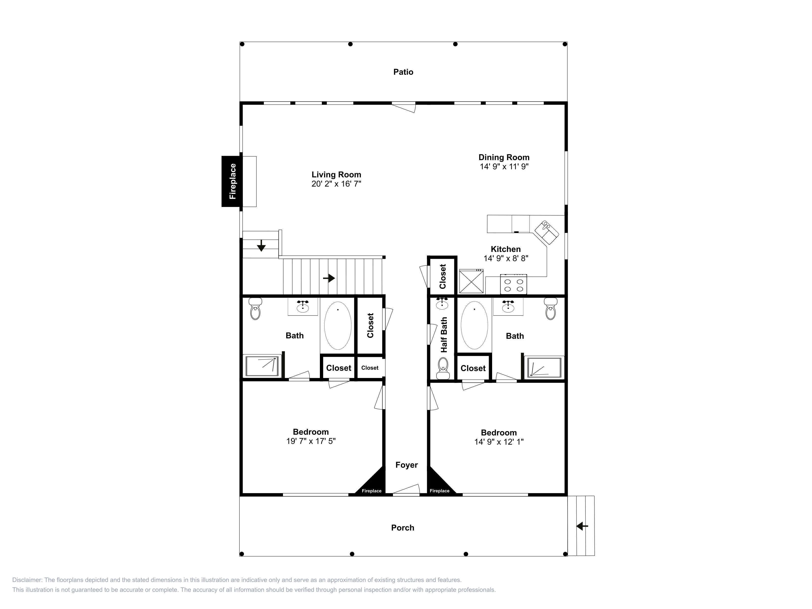A floor plan of a house with a patio, living room, dining room, kitchen, two bedrooms, a bathroom, and a foyer.