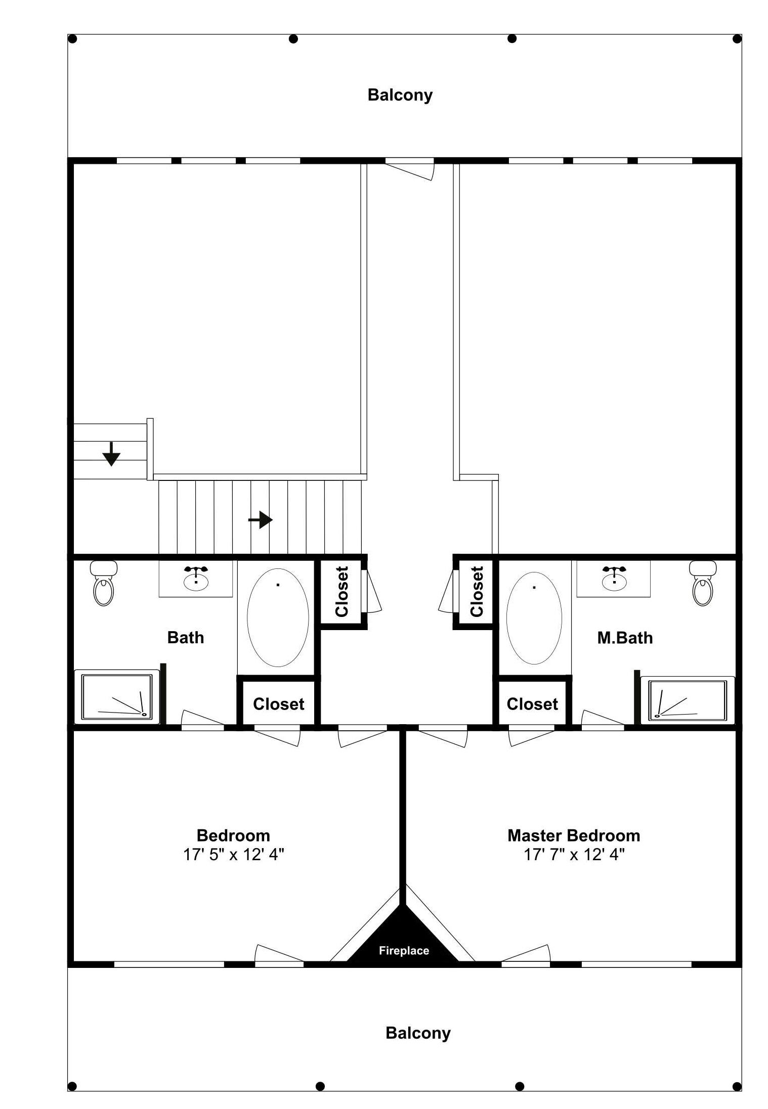 A floor plan of a hotel with a balcony, two bedrooms, a master bedroom, a bathroom, and a fireplace.
